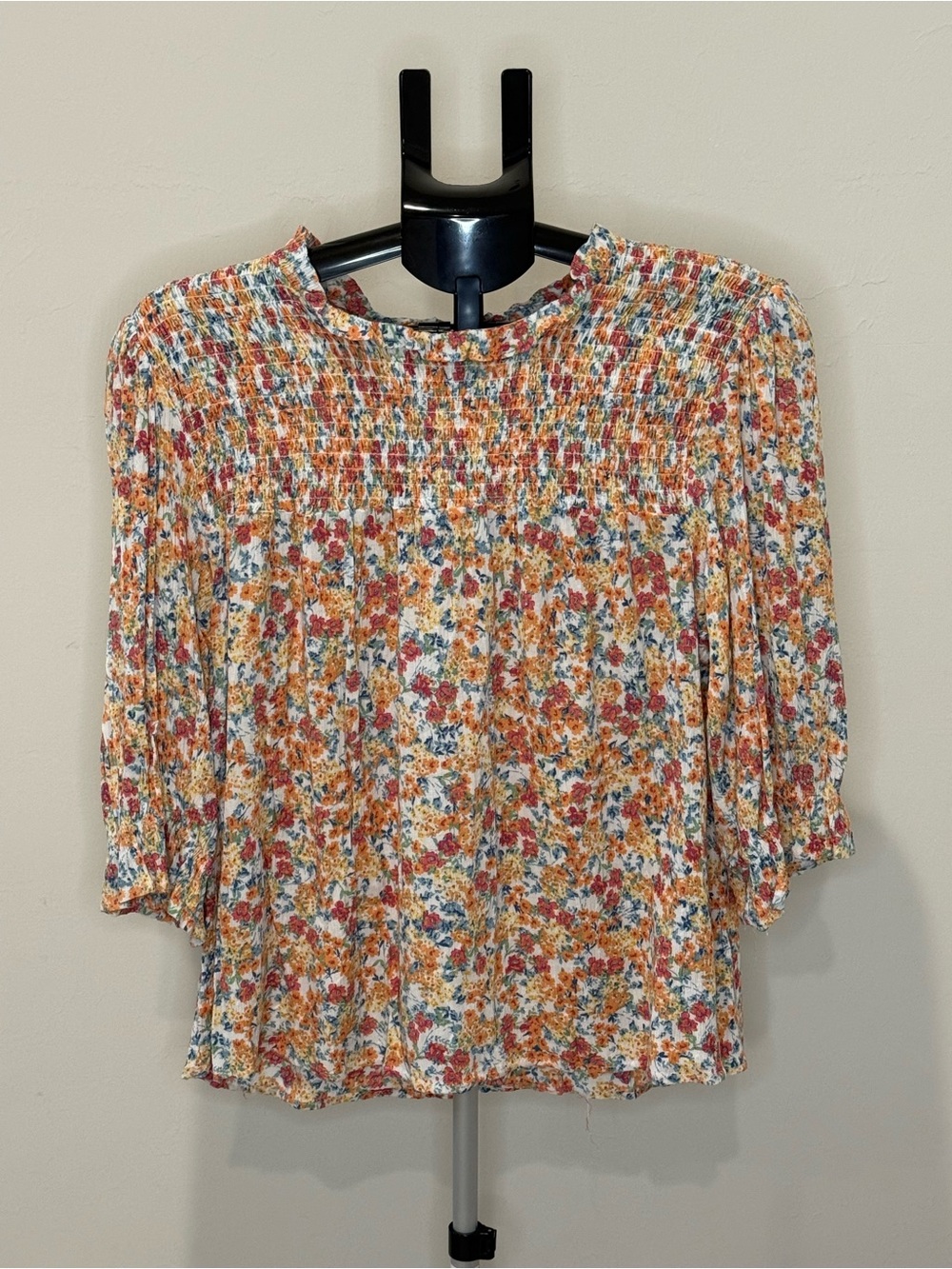 Cynthia Rowley Floral Smocked Yoke Blouse - White, Orange, Blue, Red